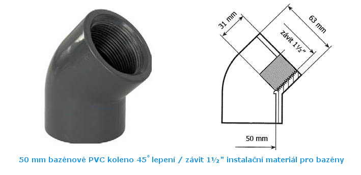 50 mm PVC bazénové koleno 45° lepení