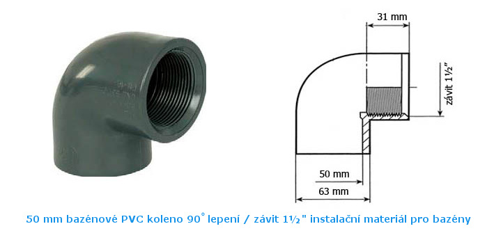 50 mm PVC bazénové koleno 90° lepení / vnitrřní závit