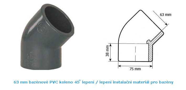 63 mm PVC bazénové koleno 45° lepení