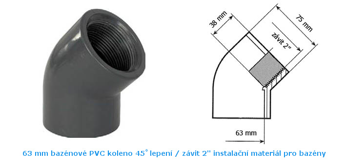 63 mm PVC bazénové koleno 45° lepení