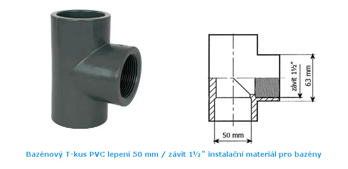50 mm PVC T kus 90° lepení vnitřní závit